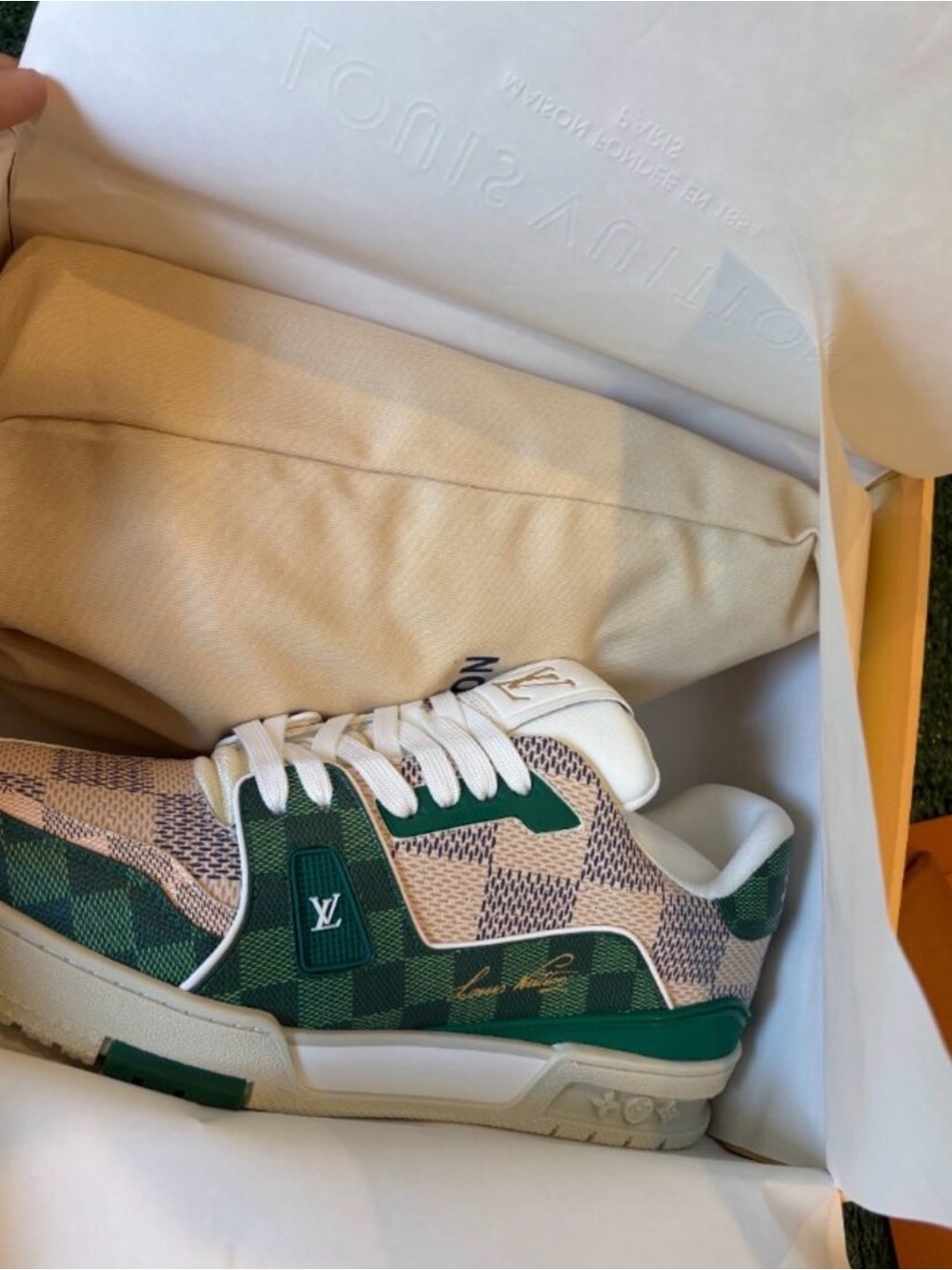 Louis Vuitton Green and Cream Checkered LV Low-Top Sneaker